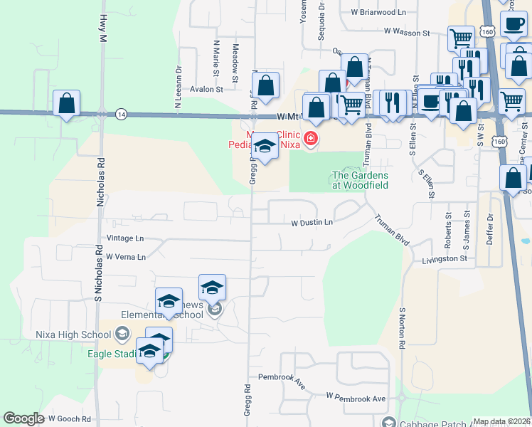 map of restaurants, bars, coffee shops, grocery stores, and more near 1002 Care Avenue in Nixa