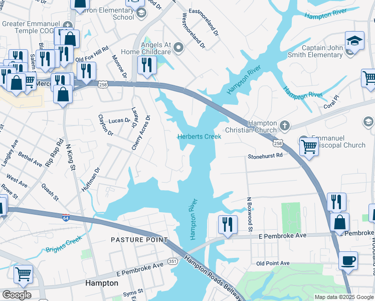 map of restaurants, bars, coffee shops, grocery stores, and more near 246 Dockside Drive in Hampton