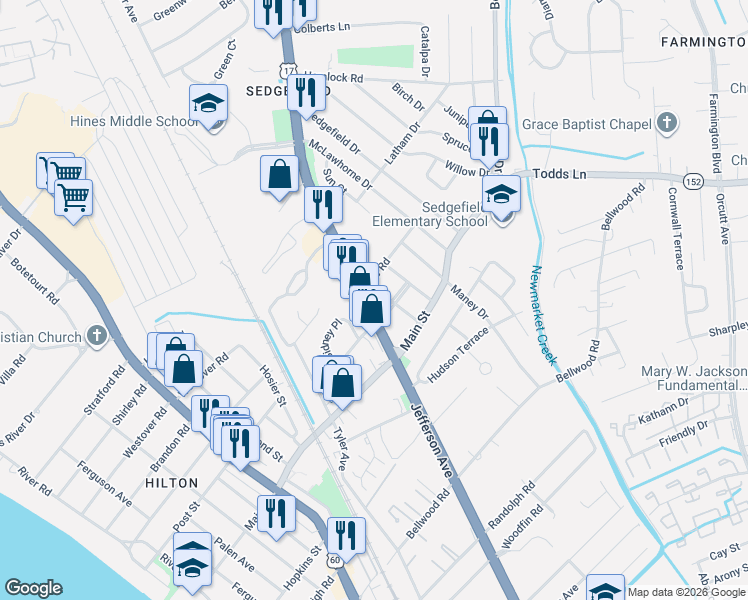 map of restaurants, bars, coffee shops, grocery stores, and more near 6 North Stuart Road in Newport News