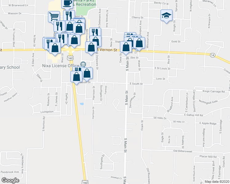 map of restaurants, bars, coffee shops, grocery stores, and more near 409 South Thompson Street in Nixa