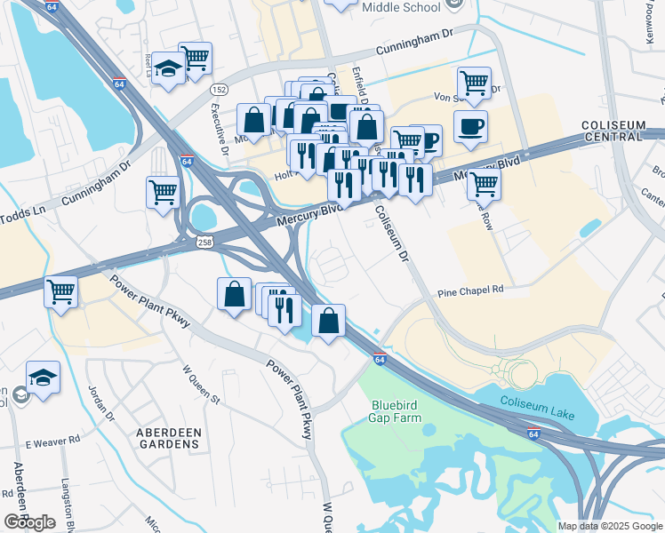 map of restaurants, bars, coffee shops, grocery stores, and more near 2001 Commerce Drive in Hampton