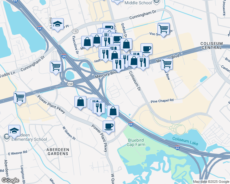 map of restaurants, bars, coffee shops, grocery stores, and more near 2013 Commerce Drive in Hampton