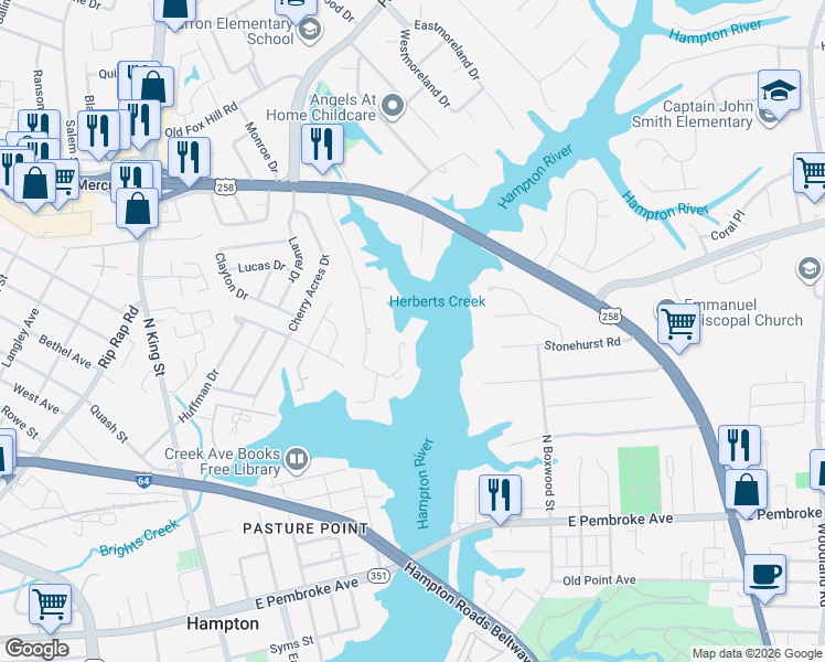 map of restaurants, bars, coffee shops, grocery stores, and more near 246 Dockside Drive in Hampton