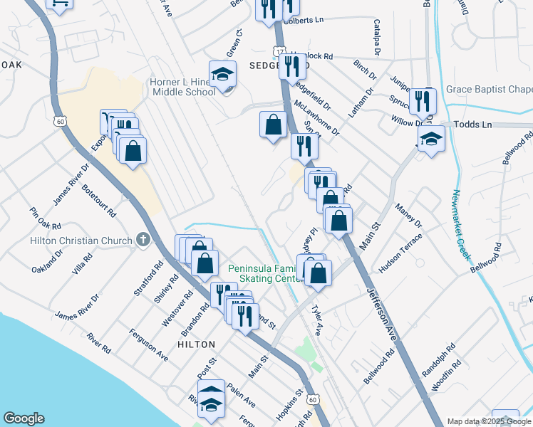 map of restaurants, bars, coffee shops, grocery stores, and more near 329 Town Pointe Way in Newport News