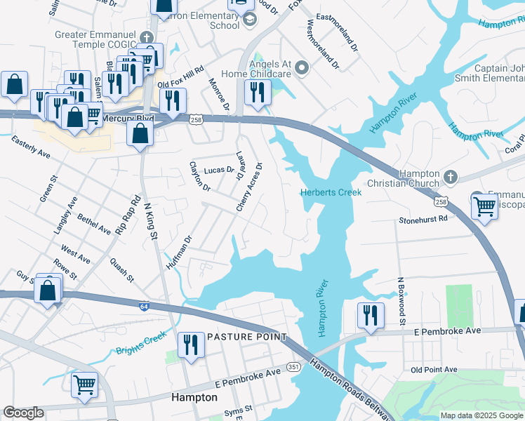 map of restaurants, bars, coffee shops, grocery stores, and more near 1 Jennifer Lane in Hampton