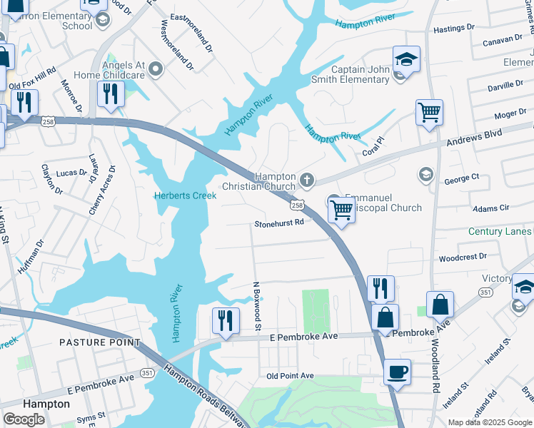 map of restaurants, bars, coffee shops, grocery stores, and more near 200 Boxwood Point Road in Hampton