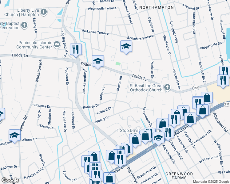 map of restaurants, bars, coffee shops, grocery stores, and more near 211 Florence Drive in Hampton