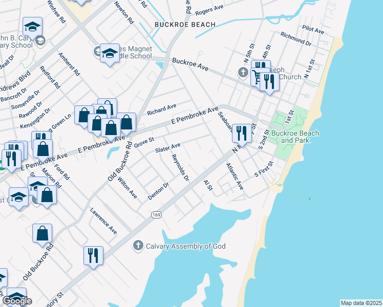 map of restaurants, bars, coffee shops, grocery stores, and more near 317 Mary Street in Hampton