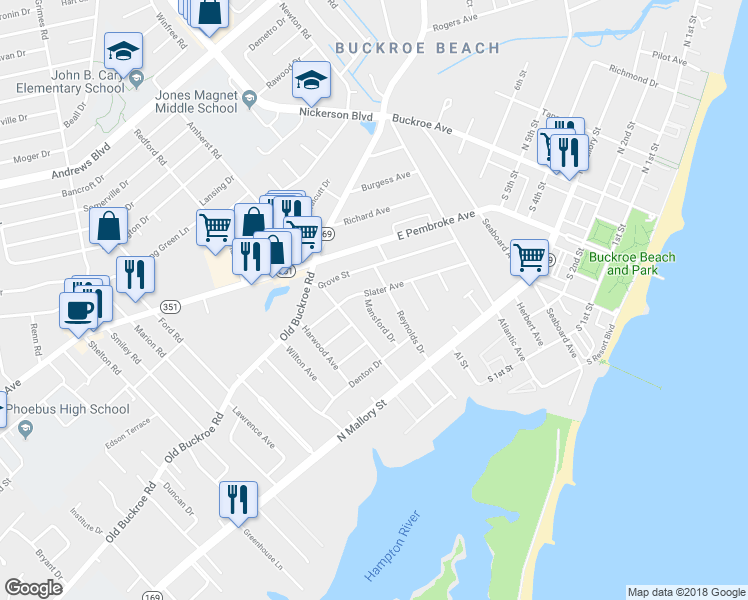 map of restaurants, bars, coffee shops, grocery stores, and more near 1541 Slater Avenue in Hampton