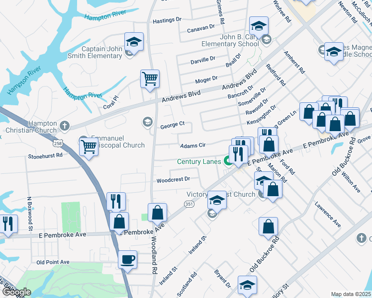 map of restaurants, bars, coffee shops, grocery stores, and more near 1507 Adams Circle in Hampton