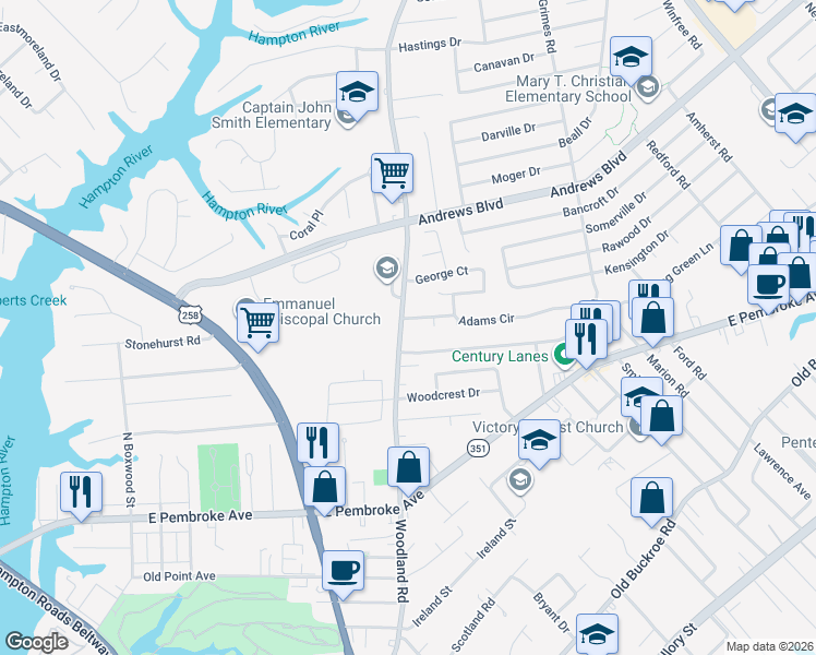 map of restaurants, bars, coffee shops, grocery stores, and more near 1401 Adams Circle in Hampton