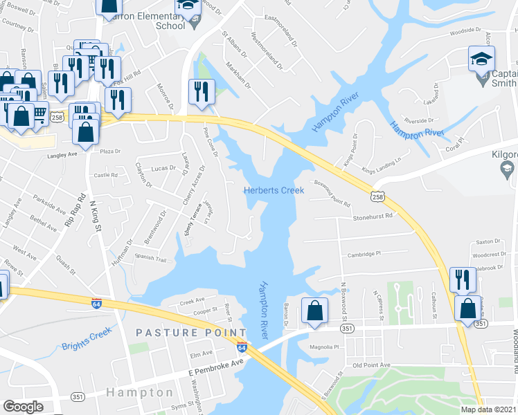 map of restaurants, bars, coffee shops, grocery stores, and more near 246 Dockside Drive in Hampton