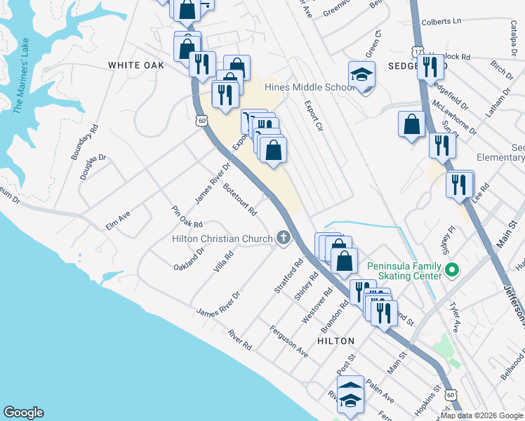 map of restaurants, bars, coffee shops, grocery stores, and more near 116 Botetourt Road in Newport News