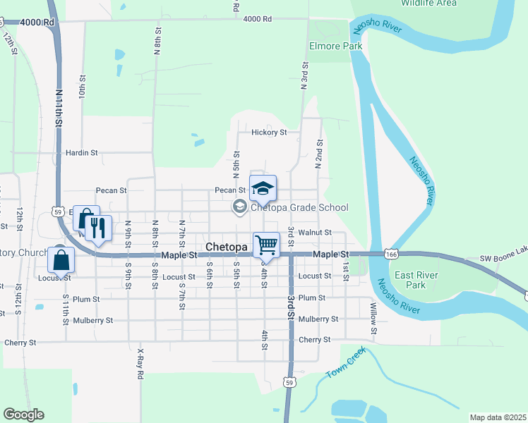 map of restaurants, bars, coffee shops, grocery stores, and more near 430 Elm Street in Chetopa
