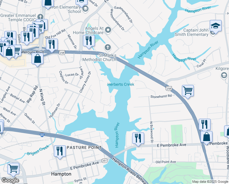 map of restaurants, bars, coffee shops, grocery stores, and more near 246 Dockside Drive in Hampton