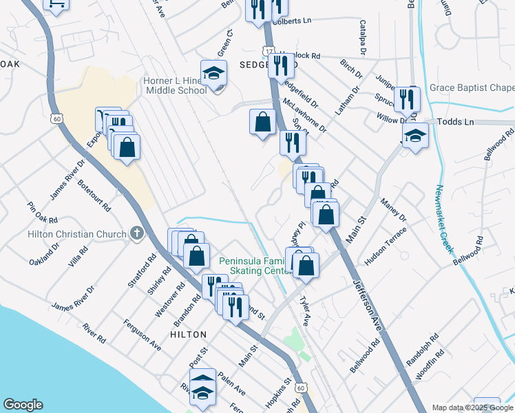map of restaurants, bars, coffee shops, grocery stores, and more near 331 Town Pointe Way in Newport News