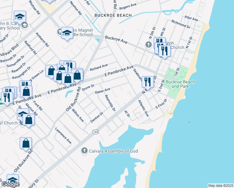 map of restaurants, bars, coffee shops, grocery stores, and more near 317 Mary Street in Hampton