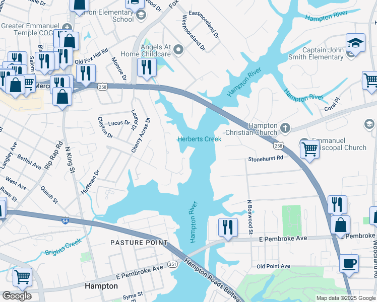 map of restaurants, bars, coffee shops, grocery stores, and more near 246 Dockside Drive in Hampton