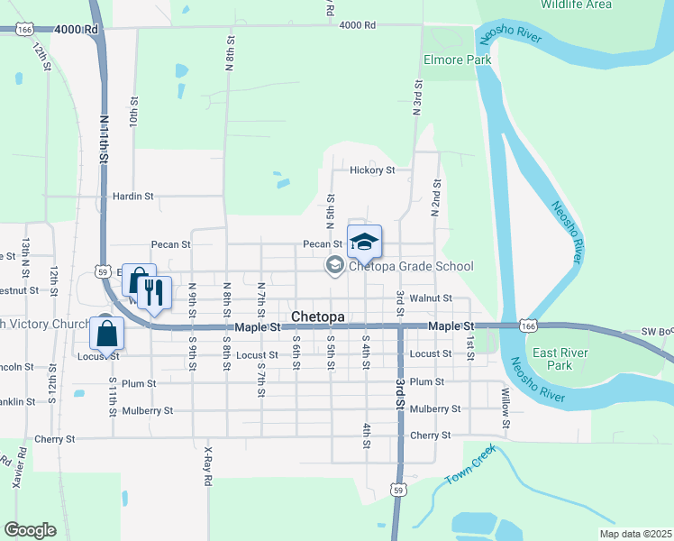 map of restaurants, bars, coffee shops, grocery stores, and more near 430 Elm Street in Chetopa