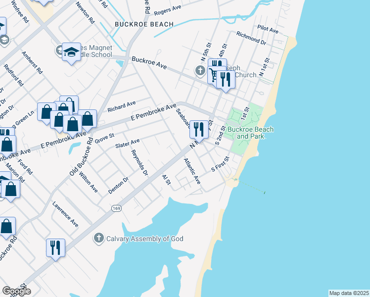 map of restaurants, bars, coffee shops, grocery stores, and more near 1707 North Mallory Street in Hampton