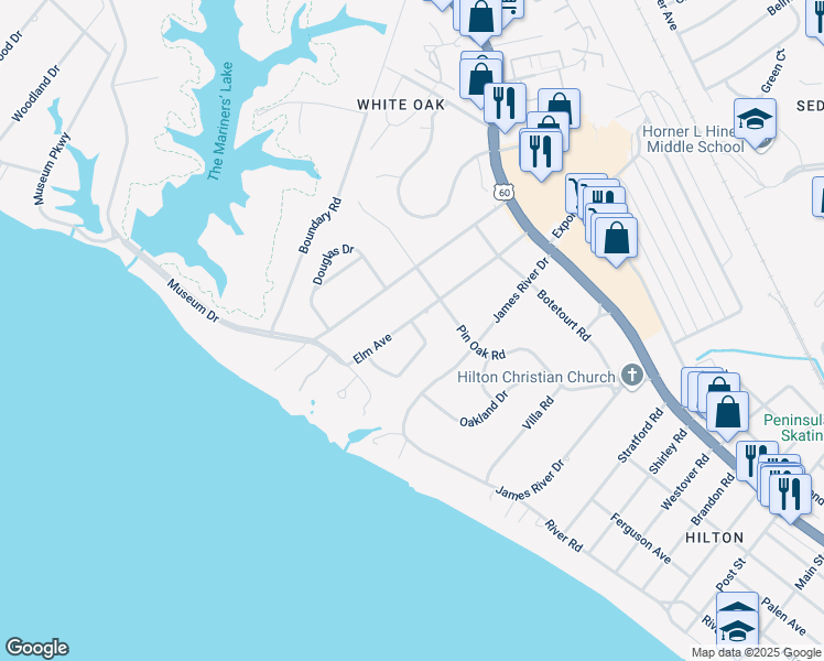 map of restaurants, bars, coffee shops, grocery stores, and more near 23 Elm Avenue in Newport News