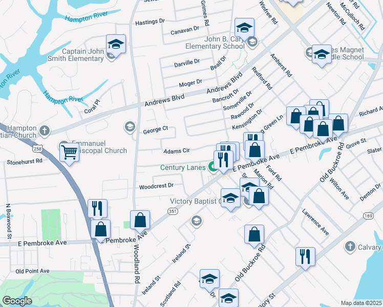 map of restaurants, bars, coffee shops, grocery stores, and more near 1518 Adams Circle in Hampton