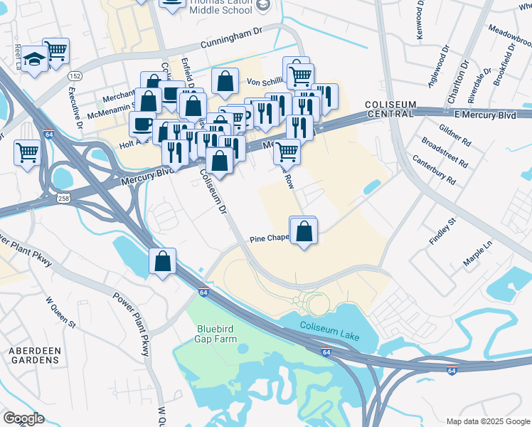map of restaurants, bars, coffee shops, grocery stores, and more near 141 Pine Chapel Road in Hampton