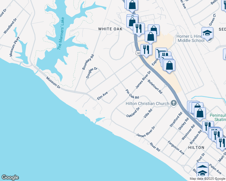map of restaurants, bars, coffee shops, grocery stores, and more near 23 Elm Avenue in Newport News