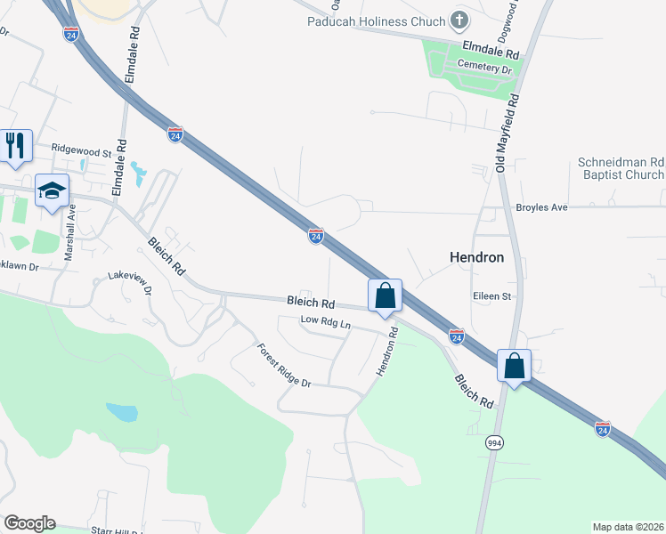 map of restaurants, bars, coffee shops, grocery stores, and more near Ridge Road in Paducah