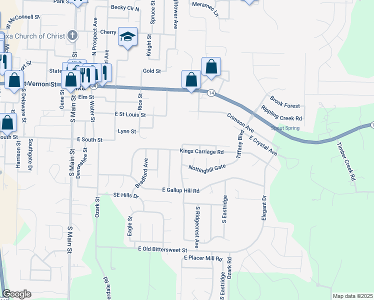map of restaurants, bars, coffee shops, grocery stores, and more near 701-709 Kings Carriage Road in Nixa