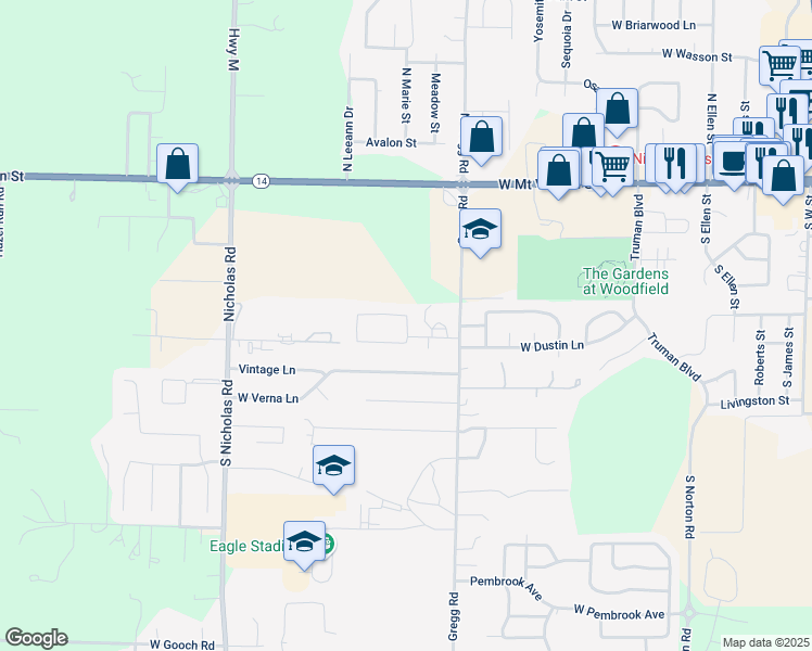 map of restaurants, bars, coffee shops, grocery stores, and more near 406 Mockingbird Lane in Nixa