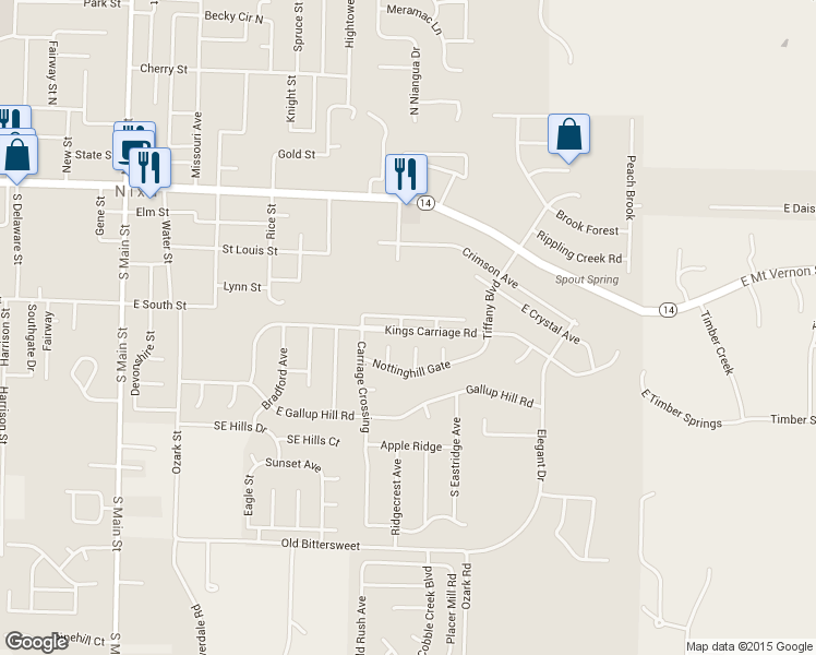 map of restaurants, bars, coffee shops, grocery stores, and more near 731 Kings Carriage Road in Nixa