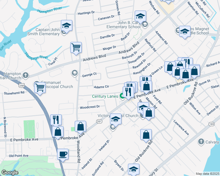 map of restaurants, bars, coffee shops, grocery stores, and more near 1518 Adams Circle in Hampton