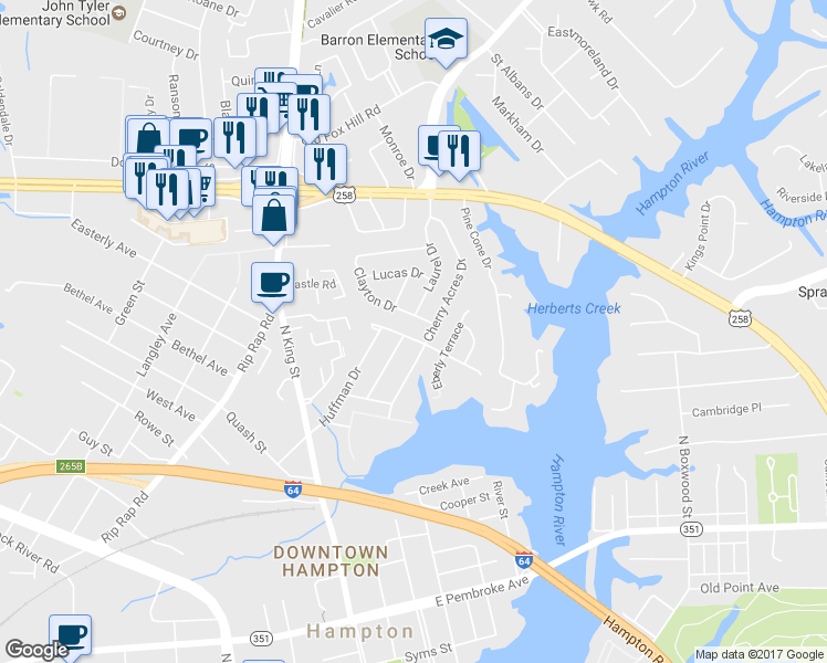 map of restaurants, bars, coffee shops, grocery stores, and more near 5 Huffman Drive in Hampton