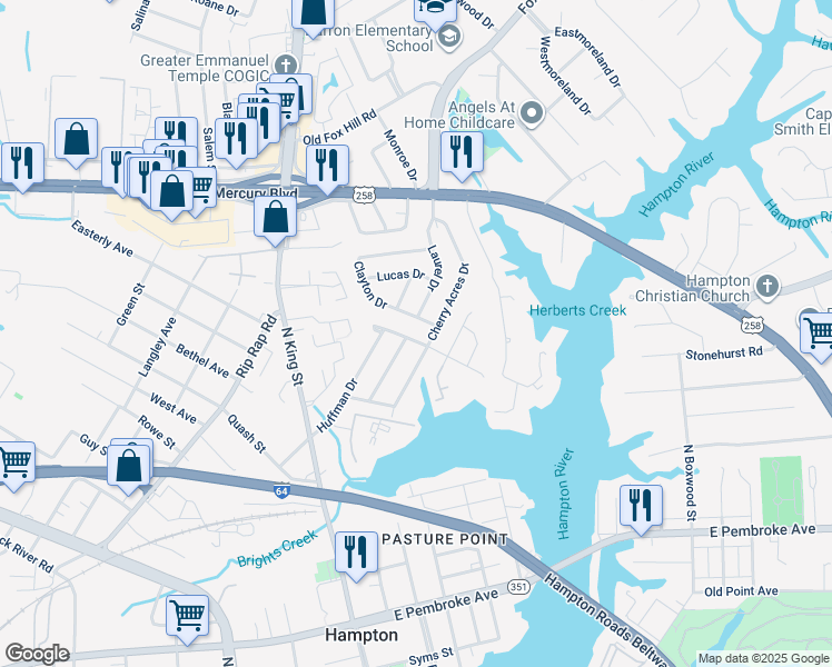 map of restaurants, bars, coffee shops, grocery stores, and more near 5 Huffman Drive in Hampton