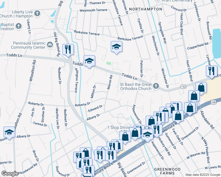 map of restaurants, bars, coffee shops, grocery stores, and more near 712 Macon Road in Hampton