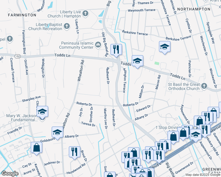 map of restaurants, bars, coffee shops, grocery stores, and more near 819 Redheart Drive in Hampton