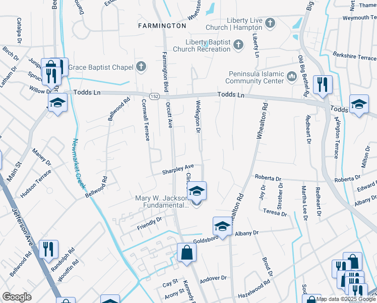 map of restaurants, bars, coffee shops, grocery stores, and more near 15 Patriot Crescent in Hampton