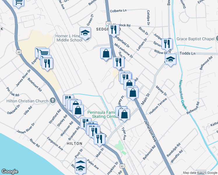 map of restaurants, bars, coffee shops, grocery stores, and more near 434 Eureka Loop in Newport News