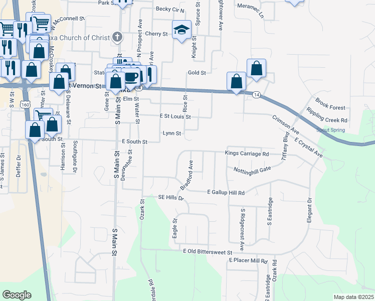 map of restaurants, bars, coffee shops, grocery stores, and more near 573 Stoney Path in Nixa