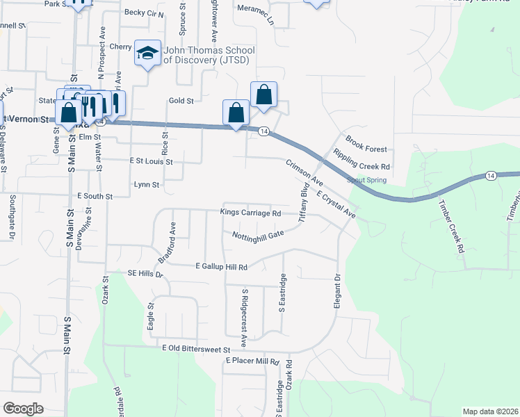 map of restaurants, bars, coffee shops, grocery stores, and more near 731 Kings Carriage Road in Nixa