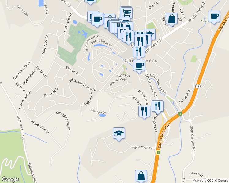 map of restaurants, bars, coffee shops, grocery stores, and more near 107 Arabian Way in Scotts Valley