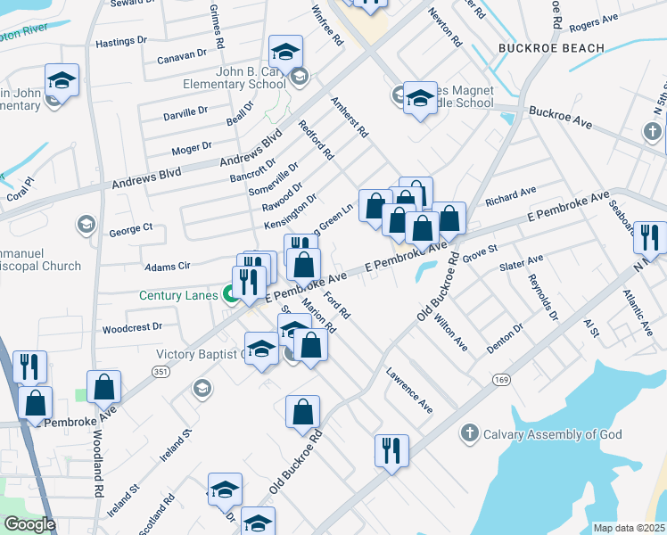 map of restaurants, bars, coffee shops, grocery stores, and more near 1907 E Pembroke Ave in Hampton