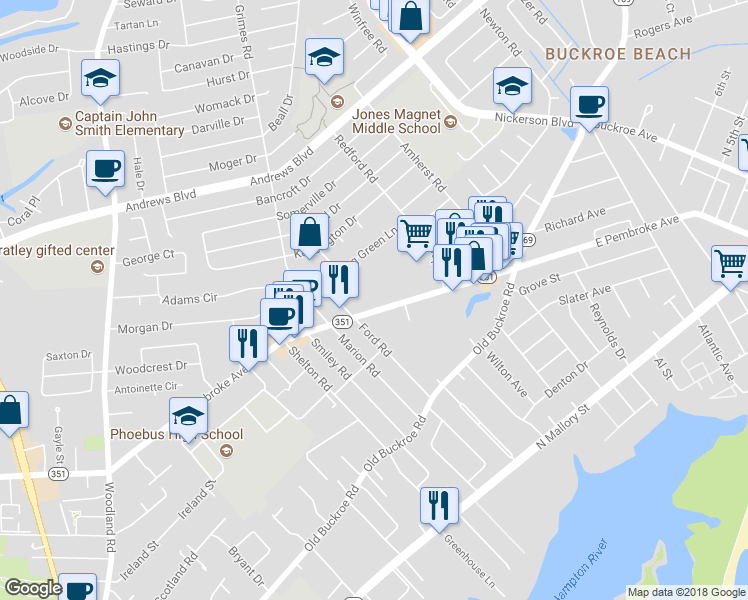 map of restaurants, bars, coffee shops, grocery stores, and more near 1907 E Pembroke Ave in Hampton