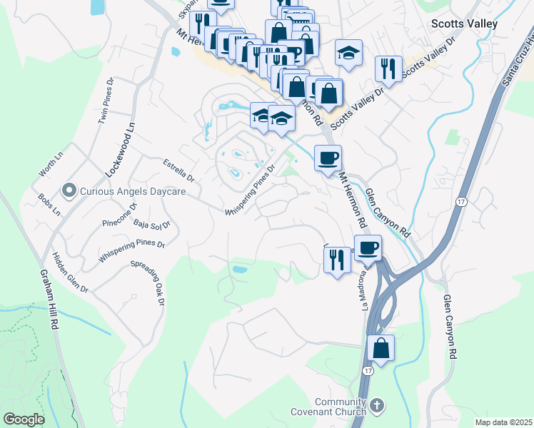 map of restaurants, bars, coffee shops, grocery stores, and more near 107 Arabian Way in Scotts Valley