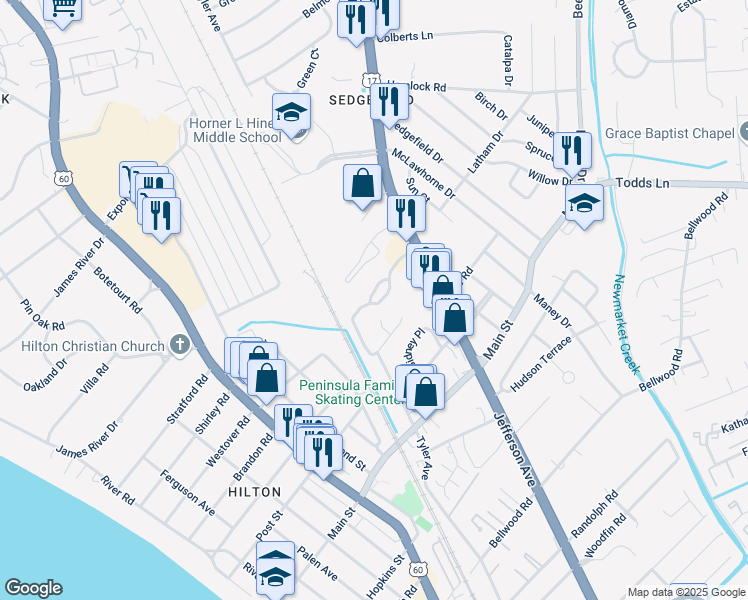 map of restaurants, bars, coffee shops, grocery stores, and more near 434 Eureka Loop in Newport News
