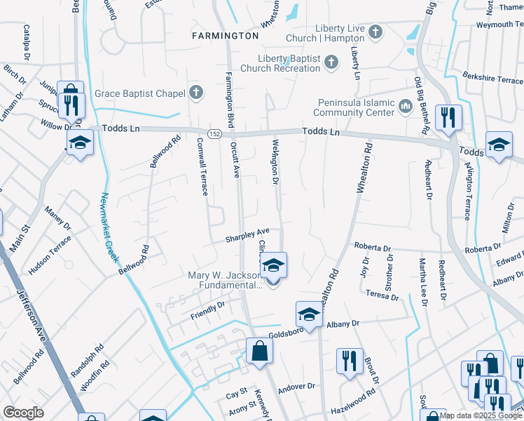 map of restaurants, bars, coffee shops, grocery stores, and more near 15 Patriot Crescent in Hampton