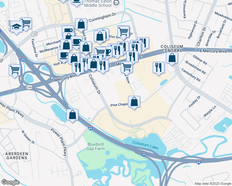 map of restaurants, bars, coffee shops, grocery stores, and more near 141 Pine Chapel Road in Hampton