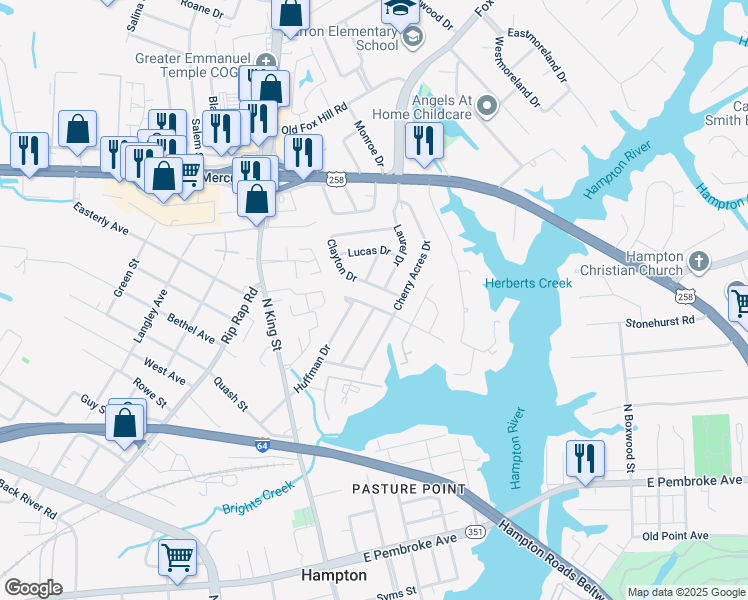map of restaurants, bars, coffee shops, grocery stores, and more near 9 Huffman Drive in Hampton