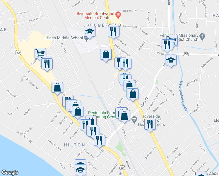 map of restaurants, bars, coffee shops, grocery stores, and more near 422 Eureka Loop in Newport News